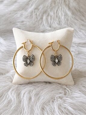 Betsey Johnson Butterfly Rhinestone Hoop Earrings Gold Tone Black Crystal